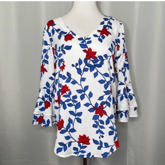 LIZ CLAIBORNE CAREER White Red & Blue Floral Bell Sleeve XL Blouse NWOT - Picture 1 of 8